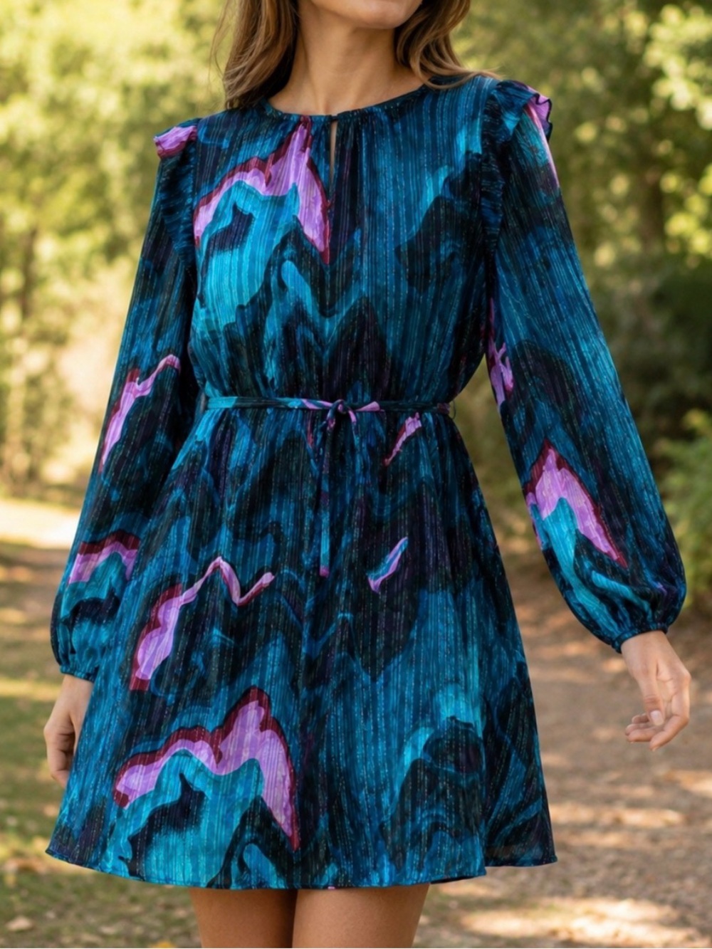Nine West Teal & Pink A-Line Watercolor Painterly Artsy Midi Dress - No Sash